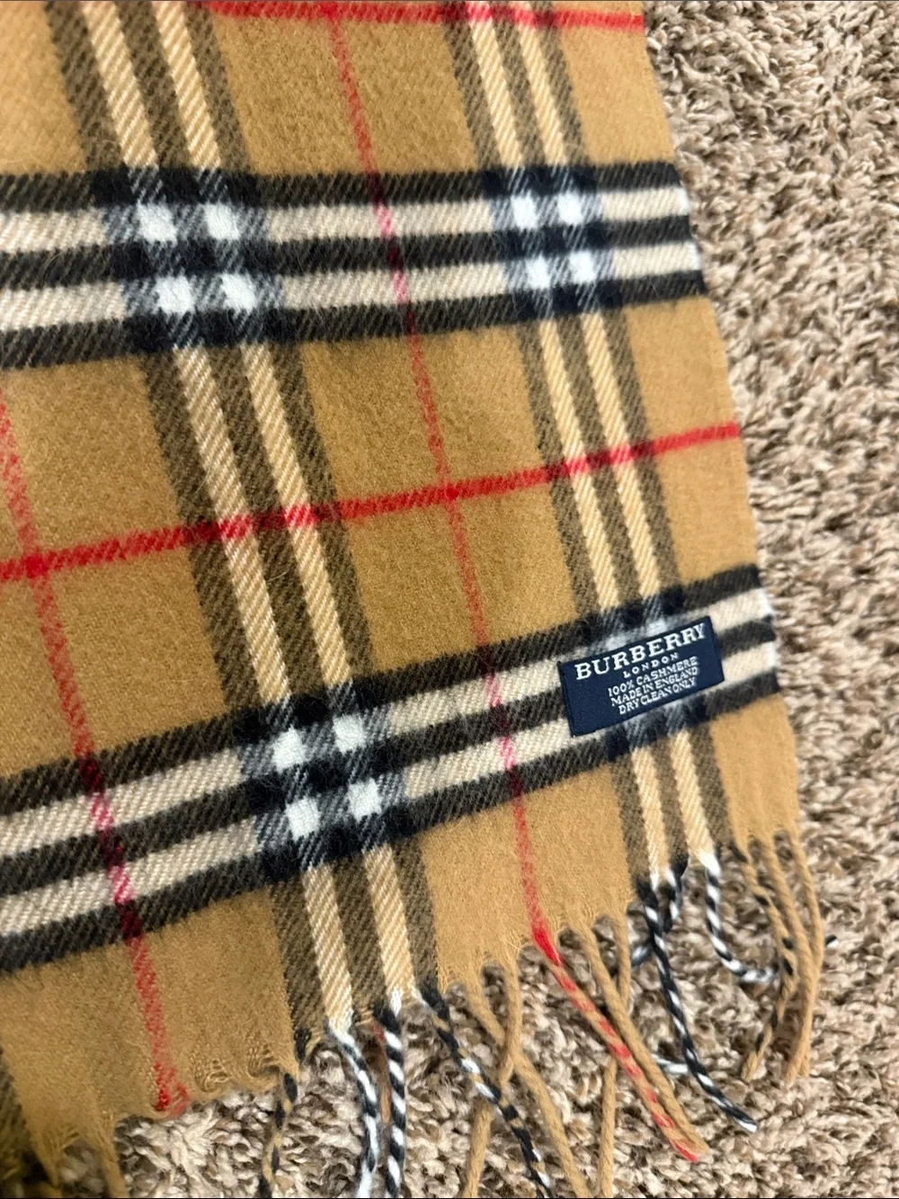 Burberry Beige Nova Check Wool Scarf with Black, White, and Red Stripes